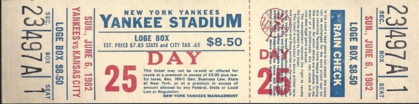 Royals vs Yankees Ticket June 6, 1982