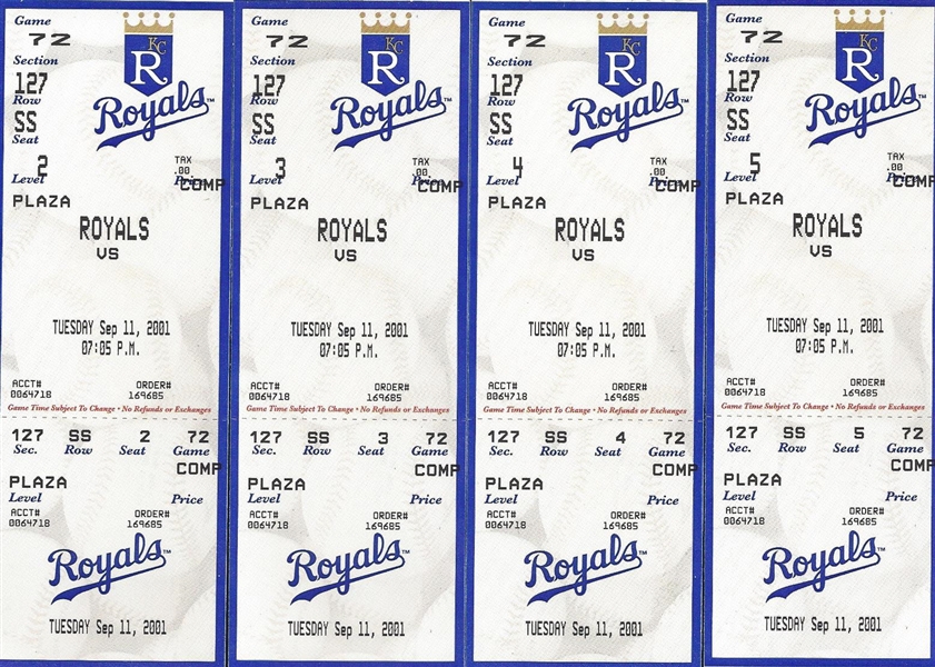 Kansas City Royals 9/11/2001 Tickets lot of 4