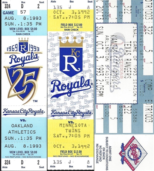 Lot of 3-Kansas City Royals Tickets Including George Brett Last Game Ticket