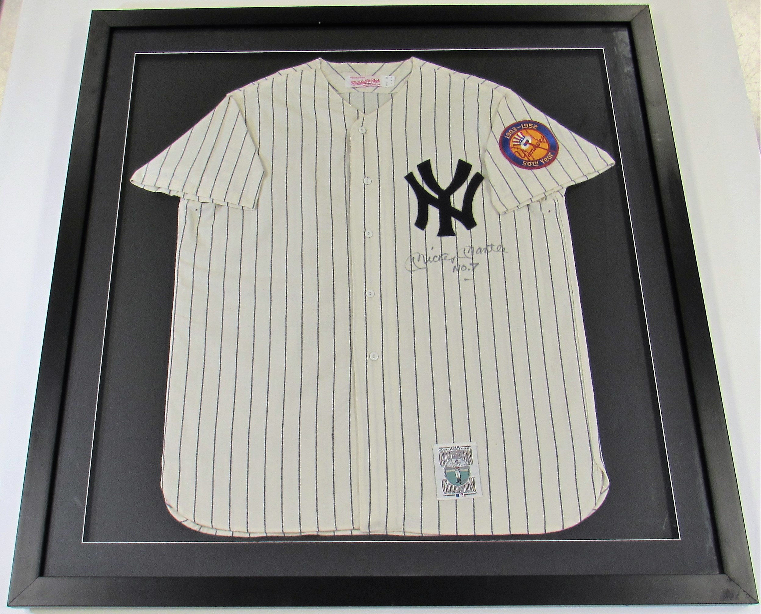 Lot Detail - Mickey Mantle Signed & Framed 50 Year Patch Jersey