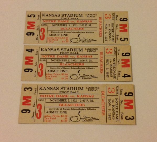 Lot of 3 -1932 Notre Dame Vs. Kansas Football Tickets