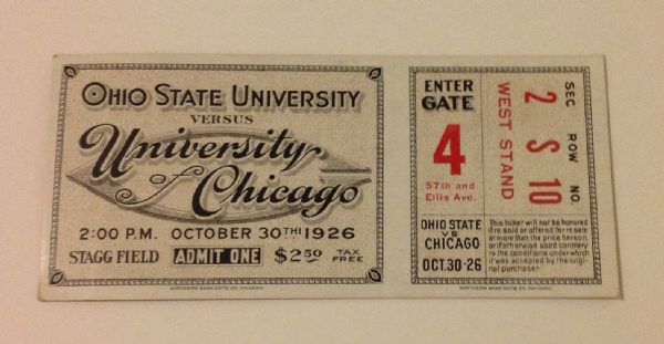 1926 Ohio State Vs. University of Chicago Football Ticket