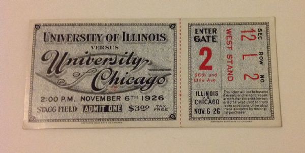 1926 Illinois Vs. University of Chicago Football Ticket