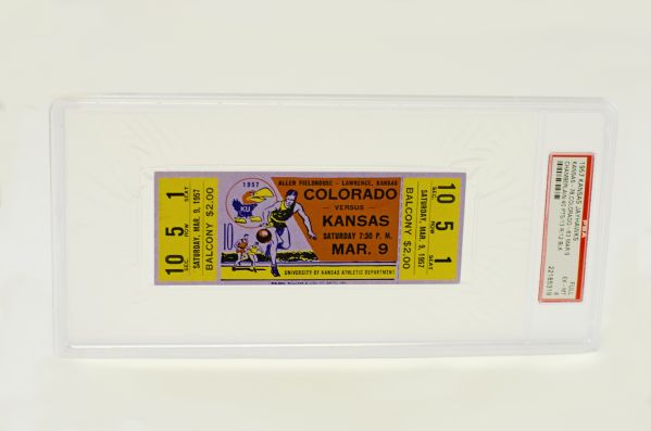 1957 Kansas Jayhawks Basketball Full Ticket PSA 6 (Chamberlain Triple Double)
