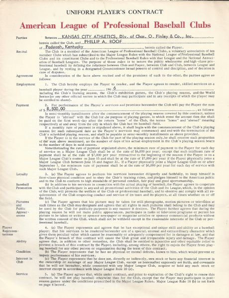 1966 Phil Roof Kansas City As Contract Signed By Roof, Lopat, and Cronin