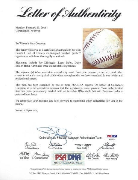 Hall Of Famers and Period Stars Signed Baseball (DiMaggio, Aaron, Snider, Doby, etc.)