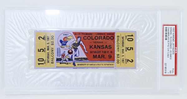 Rare 1957 Kansas Basketball Full Ticket PSA 7 (Wilt Triple Double)