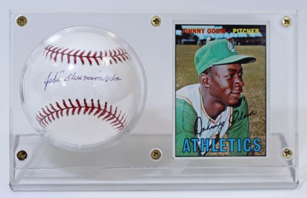 "Blue Moon" Odom Sigle Signed Baseball & 1967 Topps Display