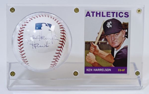 Ken "Hawk" Harrelson Single Signed Baseball & 1964 Topps Display