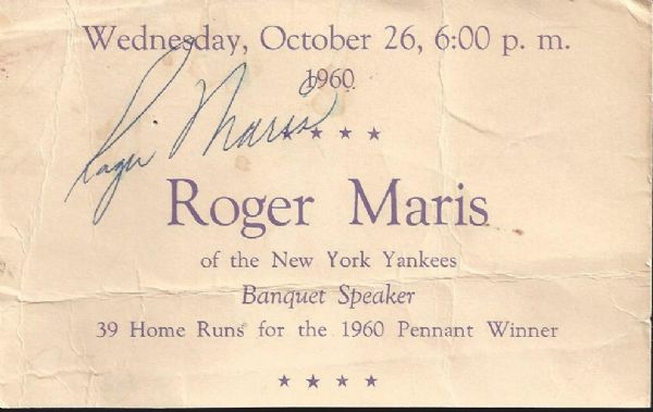 Roger Maris Signed 1960 Banquet Card (JSA)