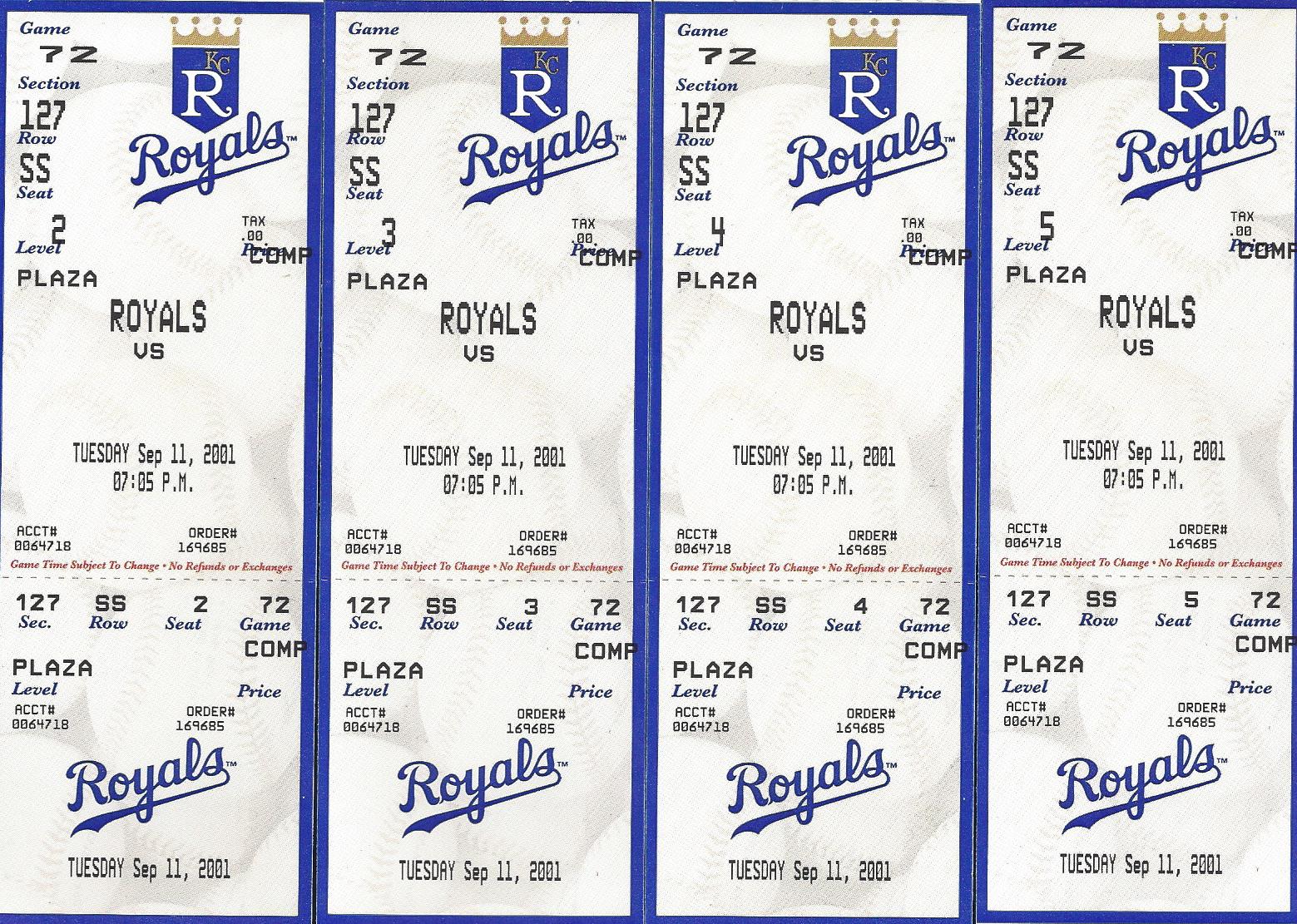 Lot Detail Kansas City Royals 9/11/2001 Tickets lot of 4
