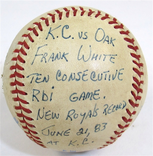 Frank White 10 Consecutive RBI Game Used Baseball 