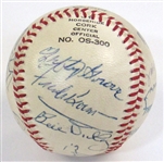 HOFers Signed Ball (14 Sigs-Jackie Robinson, Mrs.Babe Ruth, Dean, Traynor, DiMaggio, Mantle, ETC)