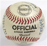 HOFers Signed Ball (14 Sigs-Jackie Robinson, Mrs.Babe Ruth, Dean, Traynor, DiMaggio, Mantle, ETC)