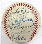 HOFers Signed Ball (14 Sigs-Jackie Robinson, Mrs.Babe Ruth, Dean, Traynor, DiMaggio, Mantle, ETC)