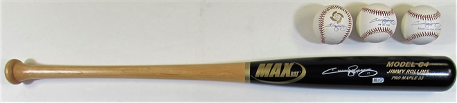 Jimmy Rollins Signed Bat and 3- Baseballs