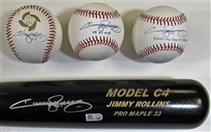 Jimmy Rollins Signed Bat and 3- Baseballs
