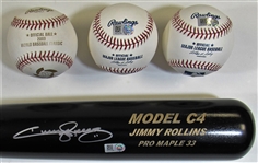 Jimmy Rollins Signed Bat and 3- Baseballs