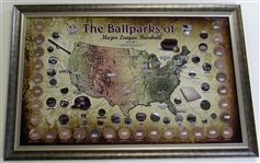 Major League Baseball Parks Map 20x32 Framed W/ GU Dirt from 30 Parks-Steiner