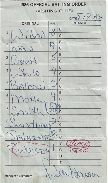 Kansas City Royals Line Up Card Signed by Dick Howser 5-19-86