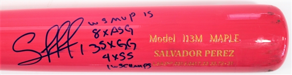 Salvador Perez Game Ready Pink Breast Cancer Signed Inscribed Bat